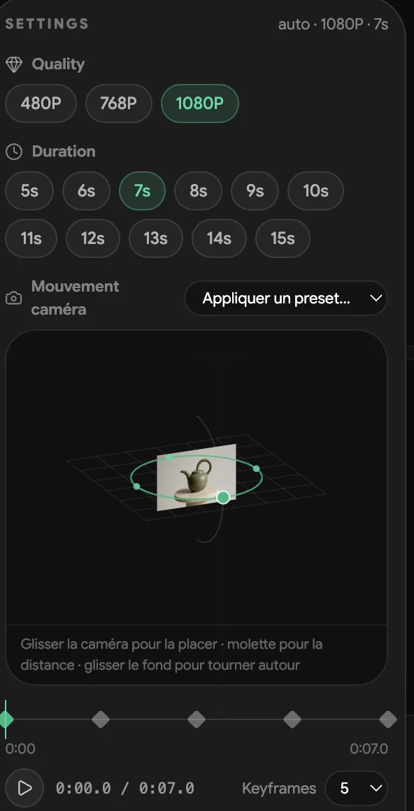 Beemm Vision camera path editor: 360° orbit right around the teapot, 5 camera positions, 1080P, 7 seconds