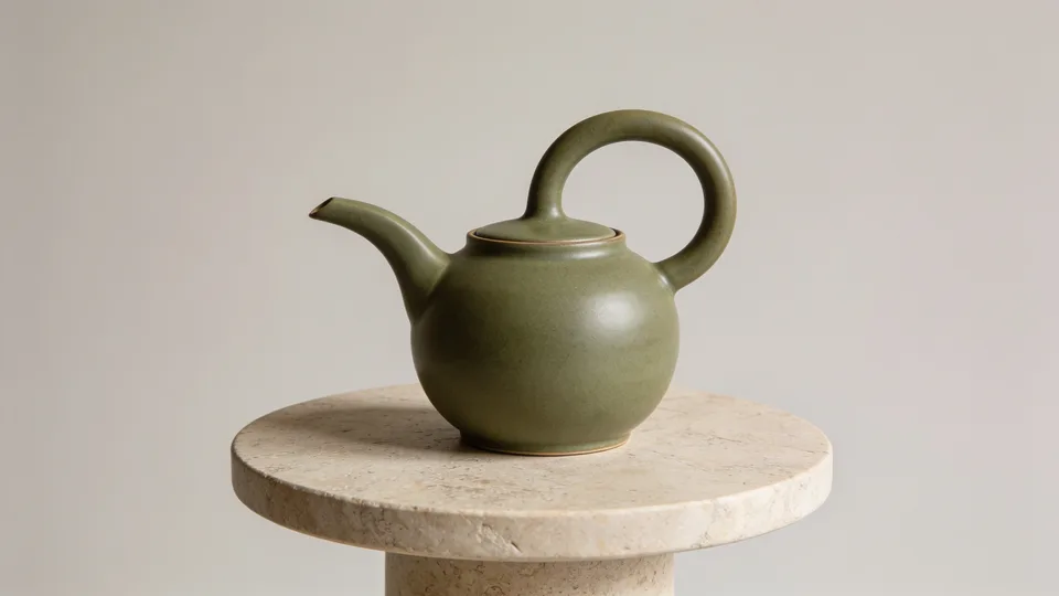 Sage green ceramic teapot on a travertine pedestal, the starting image of this guide